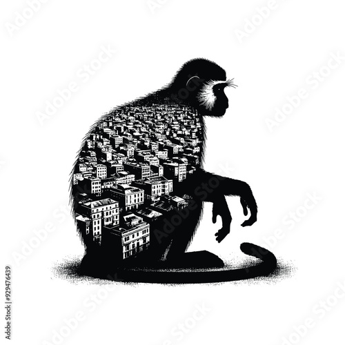 silhouette of Colobus monkey, filled with ghetto street in rough drawing,
