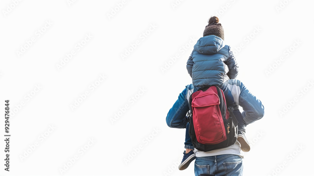 Dad with kid on shoulders, wearing backpack, isolated on a white background Dad with kid on shoulders, wearing backpack, isolated on a white background