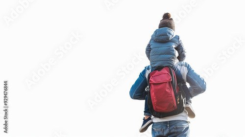 Dad with kid on shoulders, wearing backpack, isolated on a white background