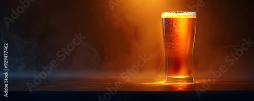 Glass of beer with foamy head on a table with an orange light in the background.