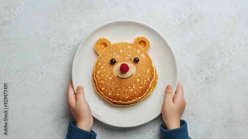 A cute bear-shaped pancake served on a plate, decorated with chocolate and fruit.