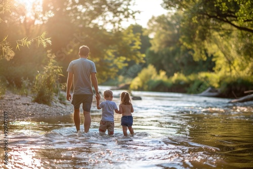A scene of family bonding with a father and two young children wading through the water together