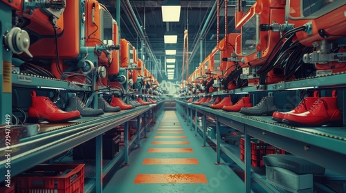 Industrial manufacturing facility producing rows of bright red shoes on a conveyor belt