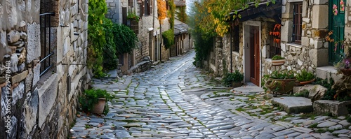 Cobblestone Street in an Ancient European Village