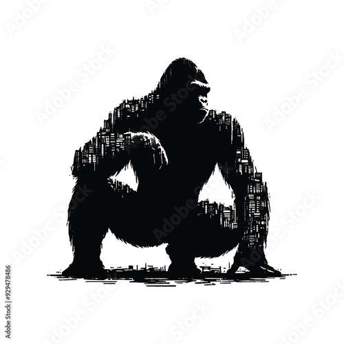 silhouette of gorilla, filled with ghetto street in rough drawing,