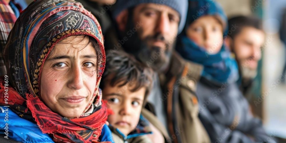 A refugee family looking anxious and uncertain at a border crossing A refugee family looking anxious and uncertain at a border crossing
