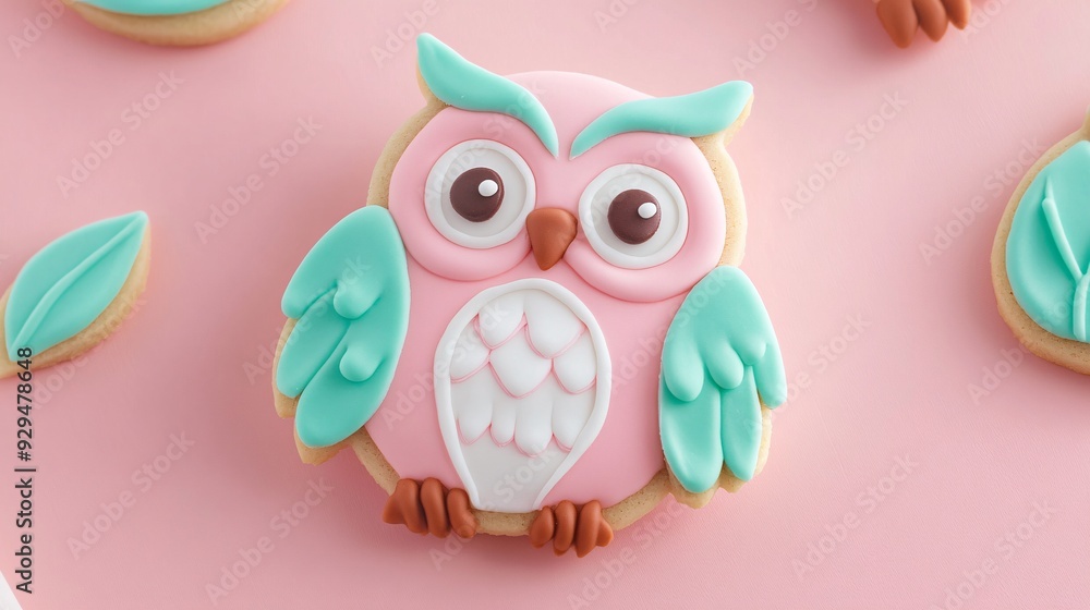 A cute, decorated owl-shaped cookie on a pink background, showcasing creative baking artistry.