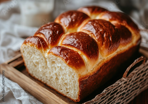 Brioche bread with a soft buttery texture displayed on a wooden surface, highlighting its fluffy interior. The image emphasizes the light and airy crumb structure, showcasing its delectable quality.

 photo