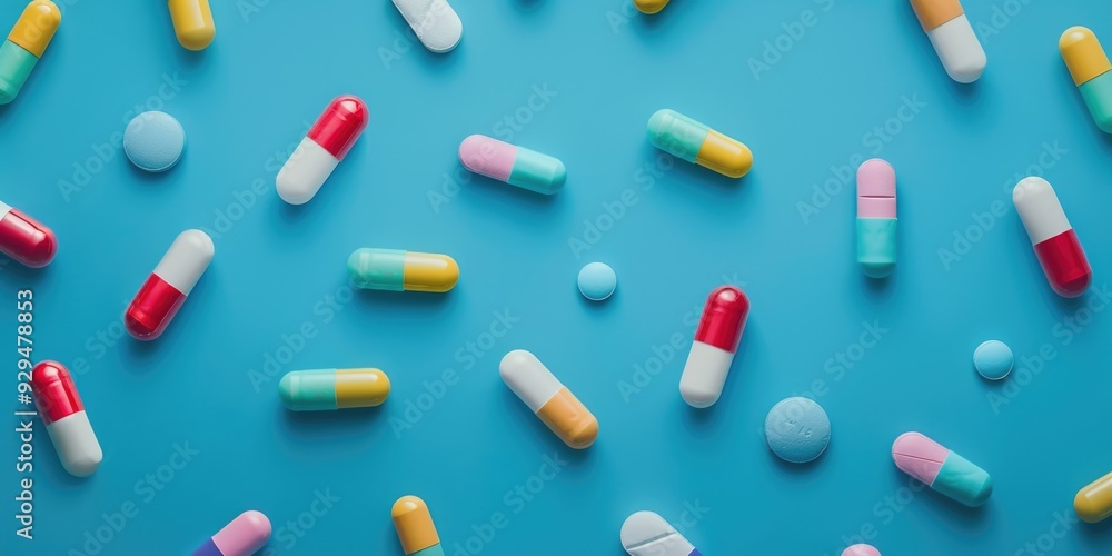 A collection of colorful pills arranged on a blue surface, great for medical or pharmaceutical concepts A collection of colorful pills arranged on a blue surface, great for medical or pharmaceutical concepts