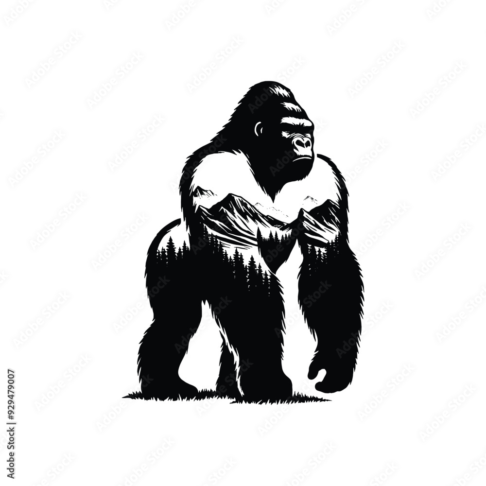 Fototapeta premium silhouette of gorilla, filled with mountain and nature view in rough drawing,
