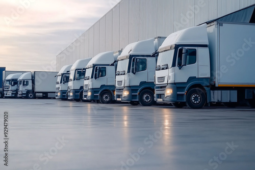 Fleet of trucks lined up at warehouse loading docks at dusk