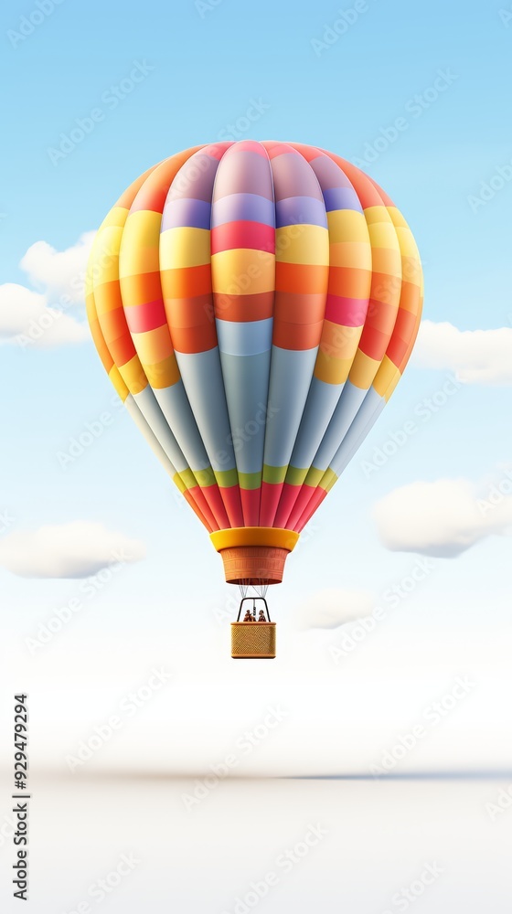 Naklejka premium A colorful hot air balloon floats in a clear blue sky with white clouds.