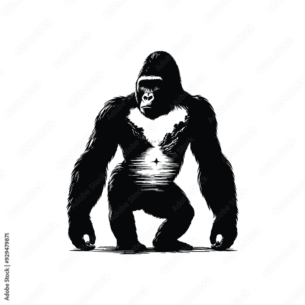 Fototapeta premium silhouette of gorilla, filled with river view in rough drawing,
