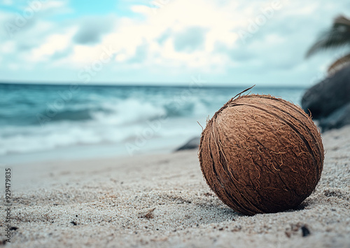 Coconut with a textured shell placed on a rustic wooden surface, showcasing its natural form. High-quality photo taken from an angled view, highlighting the details of the coconut's surface.  

 photo