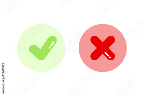 Green tick check mark and red cross mark icon. Flat vector design isolated illustration on white background.