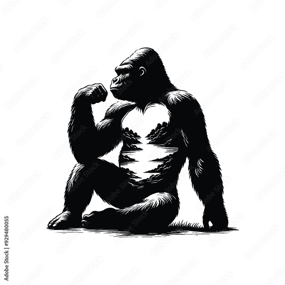 Fototapeta premium silhouette of gorilla, filled with river view in rough drawing,