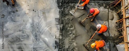 Construction Workers Leveling Wet Concrete with Rakes photo