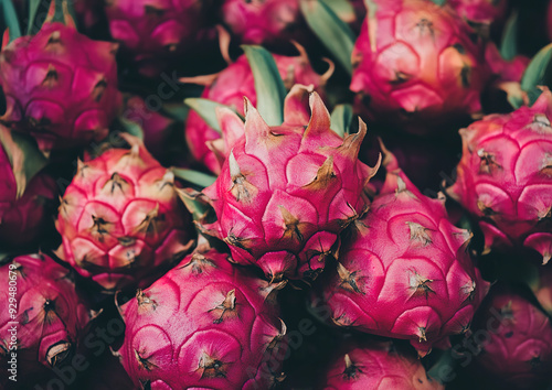 High-quality image of a vibrant dragon fruit sliced in half, showcasing its unique pink skin and speckled white flesh, captured from an angle that emphasizes its texture and color.

 photo