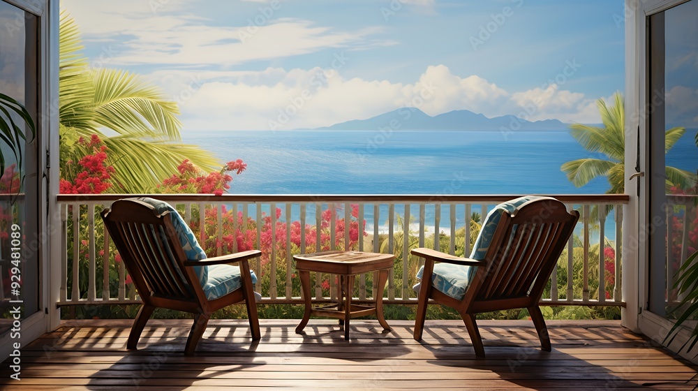 A serene balcony view overlooking the ocean, featuring two chairs and a table.