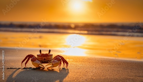 a cute crab on the beach stares in wonder at the setting sun ai photo