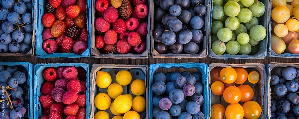 A Variety of Fresh Fruit in Wooden and Blue Boxes A Variety of Fresh Fruit in Wooden and Blue Boxes