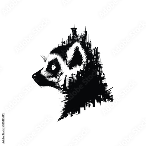 silhouette of lemur, filled with destroyed futuristic dystopia environment in rough drawing,
