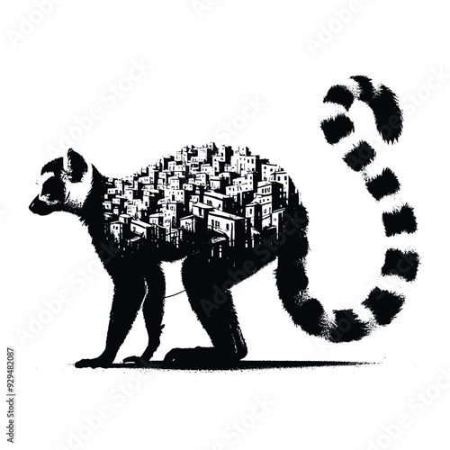 silhouette of lemur, filled with ghetto street in rough drawing,