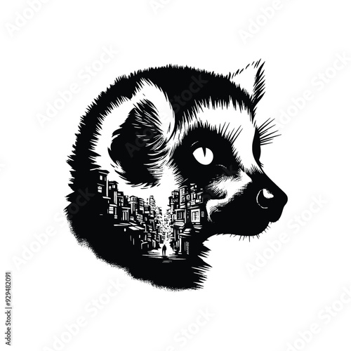 silhouette of lemur, filled with ghetto street in rough drawing,