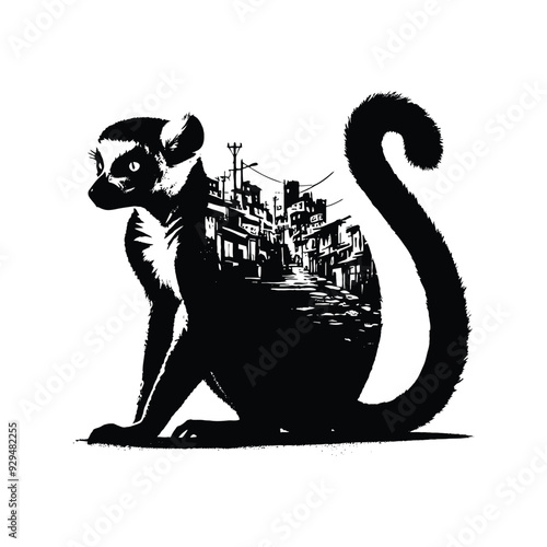 silhouette of lemur, filled with ghetto street in rough drawing,