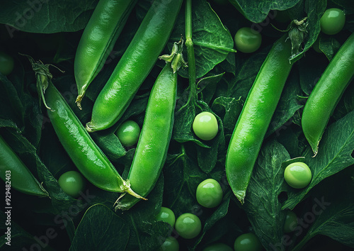 Fresh green peas in their pods arranged on a wooden surface, high-quality food photography, top-down view showcasing the natural color and texture of the peas. 

 photo