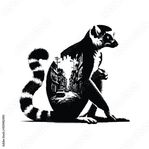 silhouette of lemur, filled with ghetto street in rough drawing,