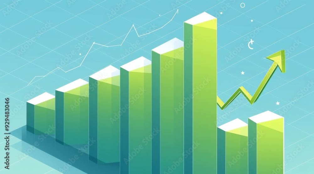 Simple bar graph on paper with green bars and a central upward-pointing arrow. The design features a white and blue background, ideal for illustrating growth and positive trends in data. Simple bar graph on paper with green bars and a central upward-pointing arrow. The design features a white and blue background, ideal for illustrating growth and positive trends in data.