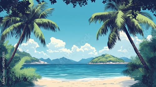 A serene beach scene with palm trees and distant islands under a clear blue sky.