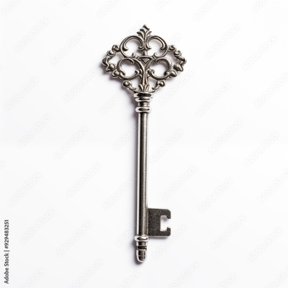 Ornate Silver Key Isolated on White Background Ornate Silver Key Isolated on White Background