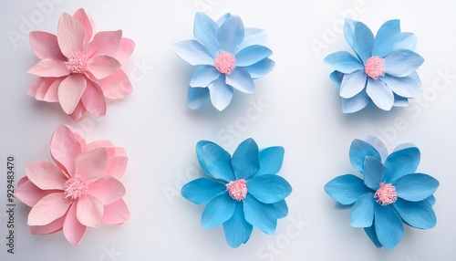 blue and pink pastel painted flowers over white background