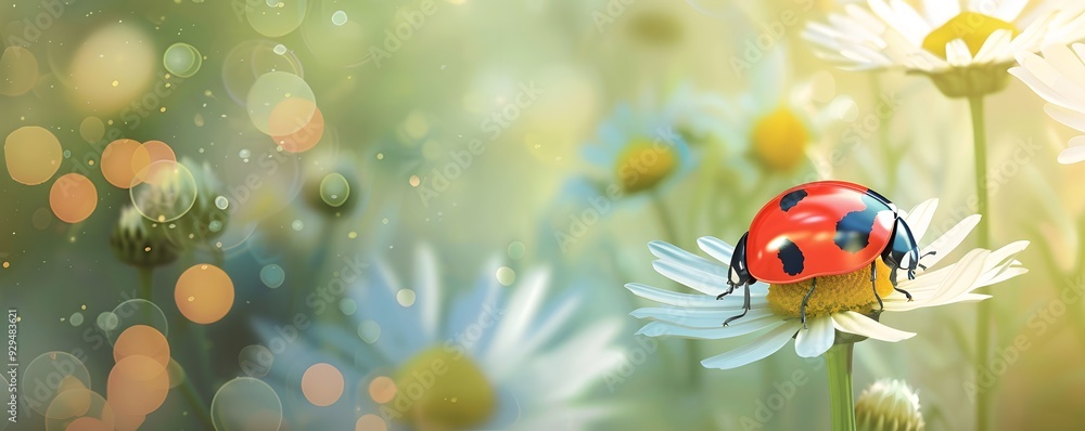 Ladybug Resting on a White Daisy in a Green Meadow Ladybug Resting on a White Daisy in a Green Meadow