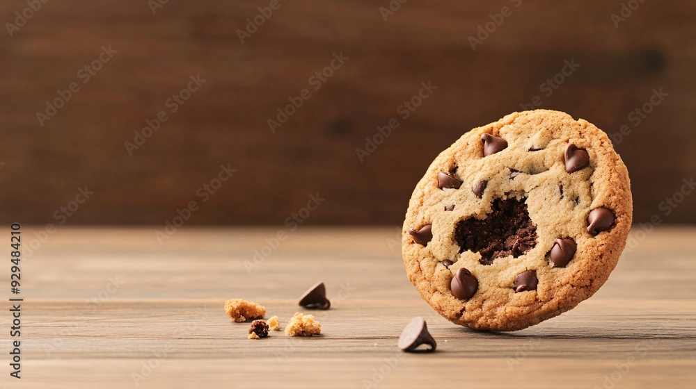 A freshly baked chocolate chip cookie with a bite taken out and crumbs on a wooden surface. A freshly baked chocolate chip cookie with a bite taken out and crumbs on a wooden surface.