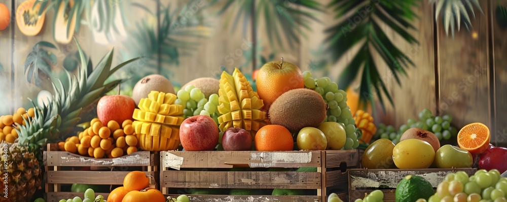 Fresh Tropical Fruit Display in Wooden Crates Fresh Tropical Fruit Display in Wooden Crates