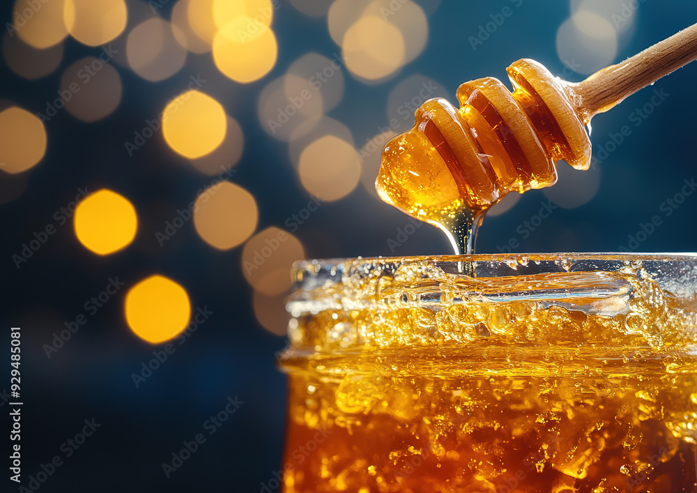Golden amber honey in a glass jar, showcasing its rich color and texture, high-quality food photo, studio shot with a focus on the jar and honey dripping.
Golden amber honey in a glass jar, showcasing its rich color and texture, high-quality food photo, studio shot with a focus on the jar and honey dripping.
