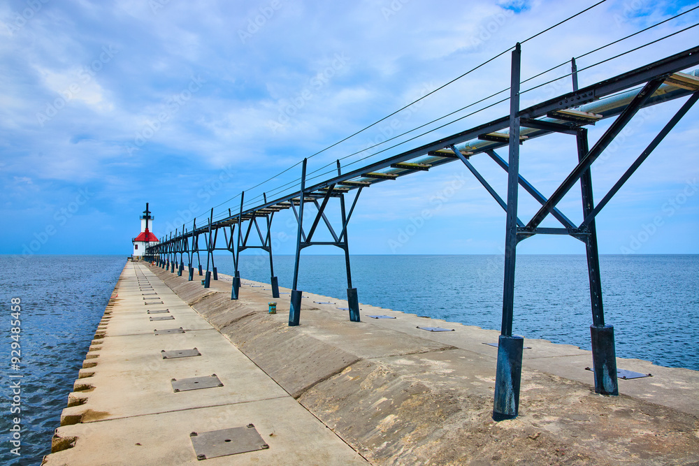 Obraz premium Lighthouse and Pier on Lake Michigan Low Angle Perspective