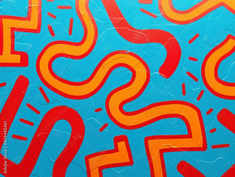Abstract Artwork with Red and Orange Lines on a Blue Background Abstract Artwork with Red and Orange Lines on a Blue Background