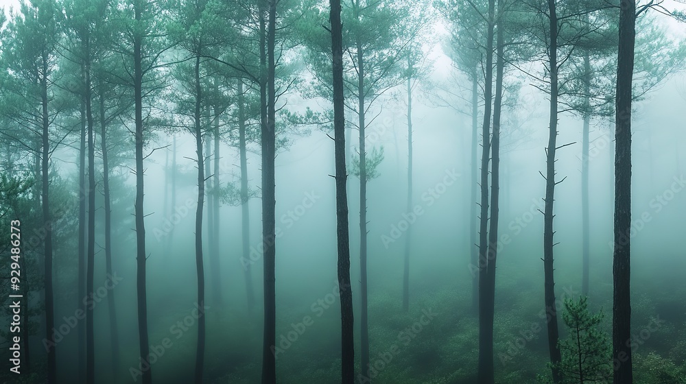 Obraz premium A misty forest panorama with fog weaving through tall trees, creating a ghostly and serene atmosphere
