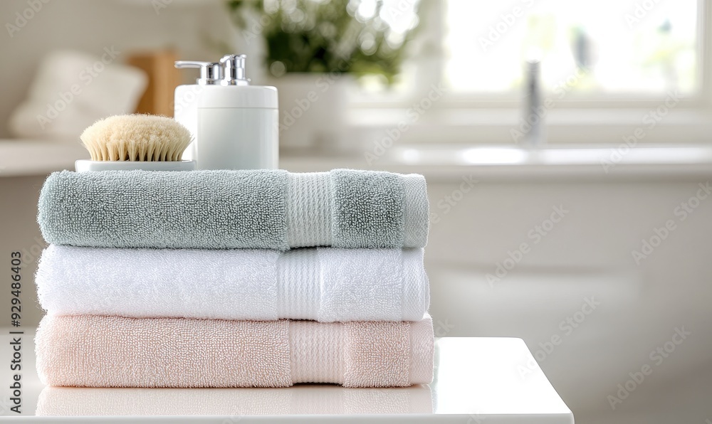 Spa Towel Stack on White Table in Elegant Bathroom Setting Spa Towel Stack on White Table in Elegant Bathroom Setting