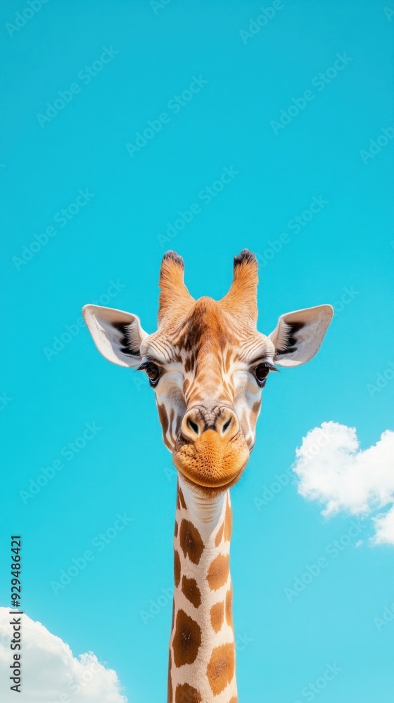Obraz premium A giraffe is staring at the camera with its head tilted to the side.