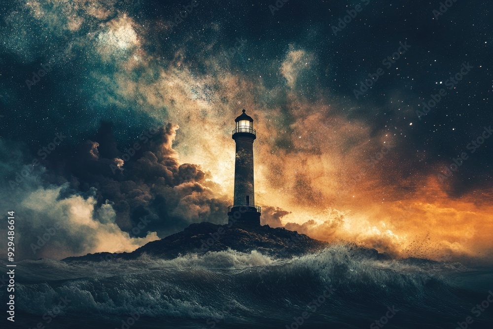 Lighthouse In Storm - Leader And Vision Concept - Landscape With Milky Way Against Dramatic Sky , ai Lighthouse In Storm - Leader And Vision Concept - Landscape With Milky Way Against Dramatic Sky , ai