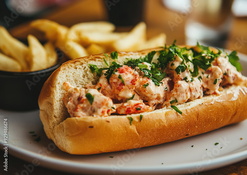 Lobster roll with fresh lobster meat served in a toasted bun on a wooden cutting board, professional food photography, top view composition.

 photo