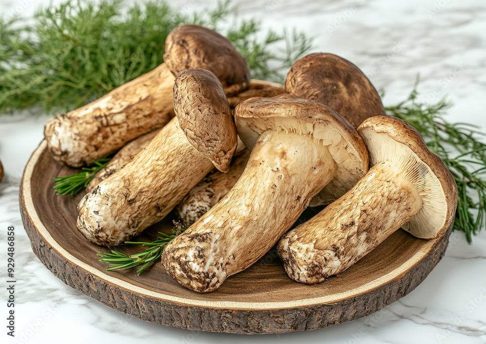 Matsutake mushrooms displayed on a rustic wooden surface, showcasing their unique shape and texture. High-quality food photography from an angle emphasizing their earthy appearance.
Matsutake mushrooms displayed on a rustic wooden surface, showcasing their unique shape and texture. High-quality food photography from an angle emphasizing their earthy appearance.