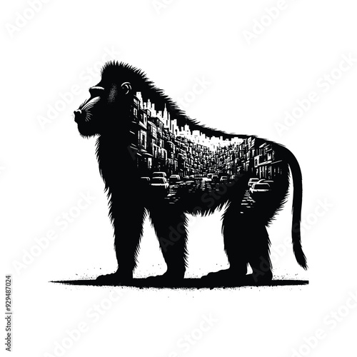 silhouette of Mandrill, filled with ghetto street in rough drawing,