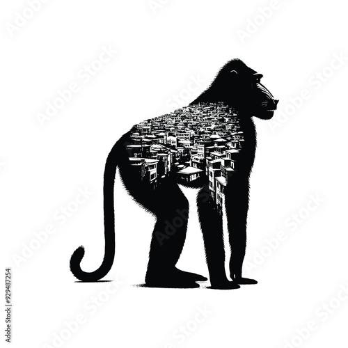 silhouette of Mandrill, filled with ghetto street in rough drawing,