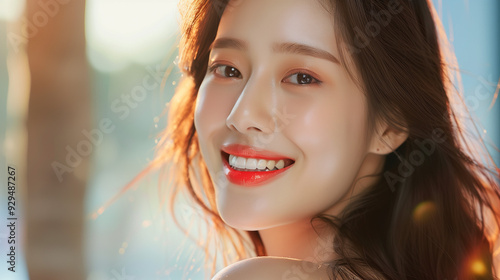 Lovely Korean Model Smiling with Perfect Makeup and Radiant Skin